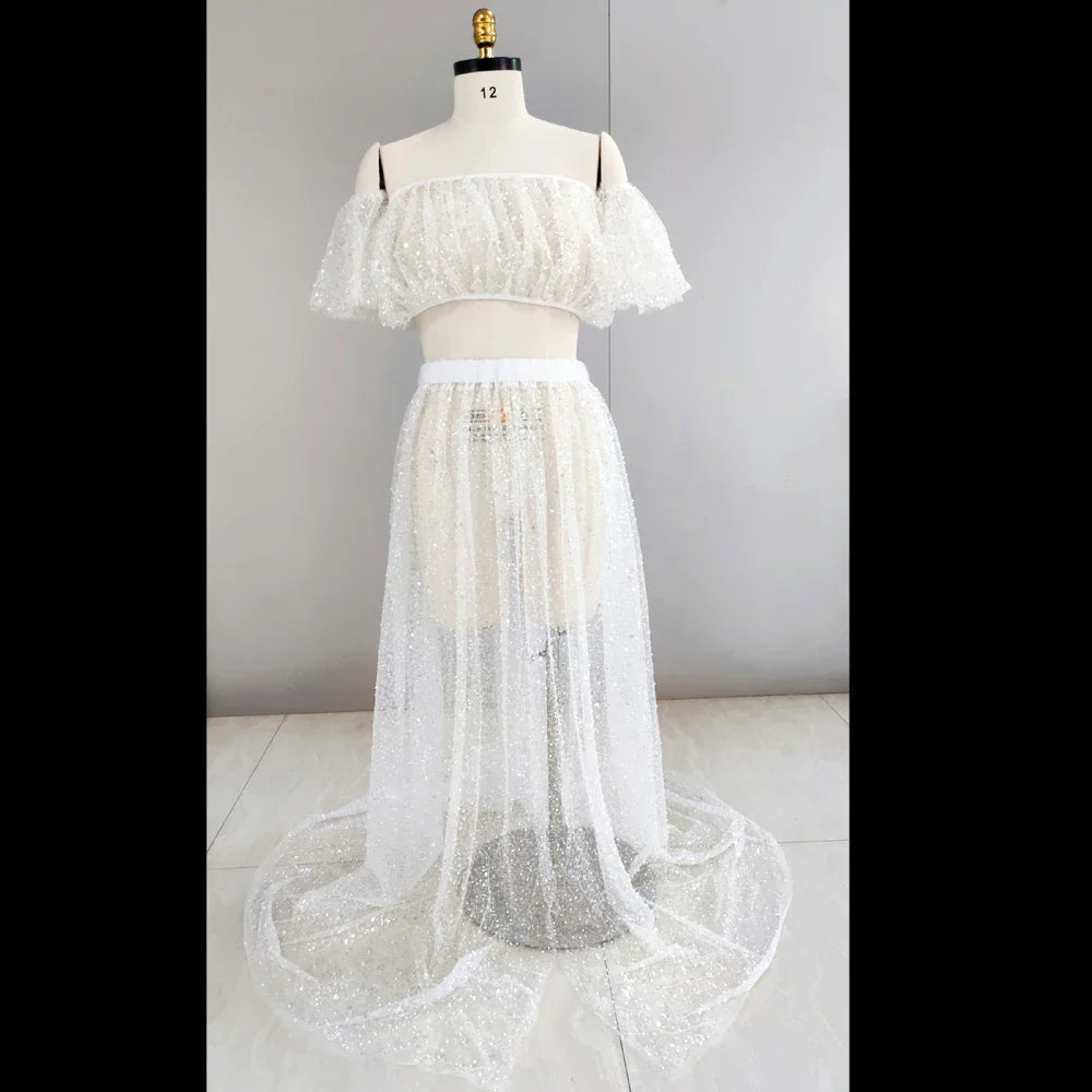 nvxiot - Pregnant Women Photography Dress Transparent Mesh Studded Pearl Sequin Two-Piece Set Maternity Photography Props Dress