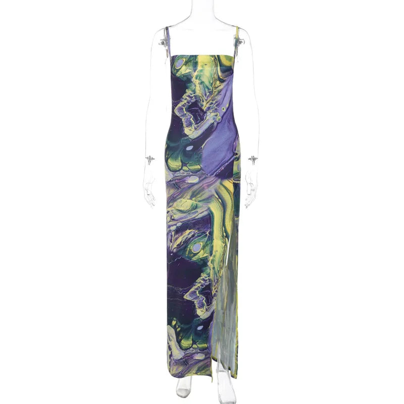 nvxiot - The New 2024 Summer Fashion Print Slim-fit Split Halter Top Strapless Dress Beach Style For Club For Party