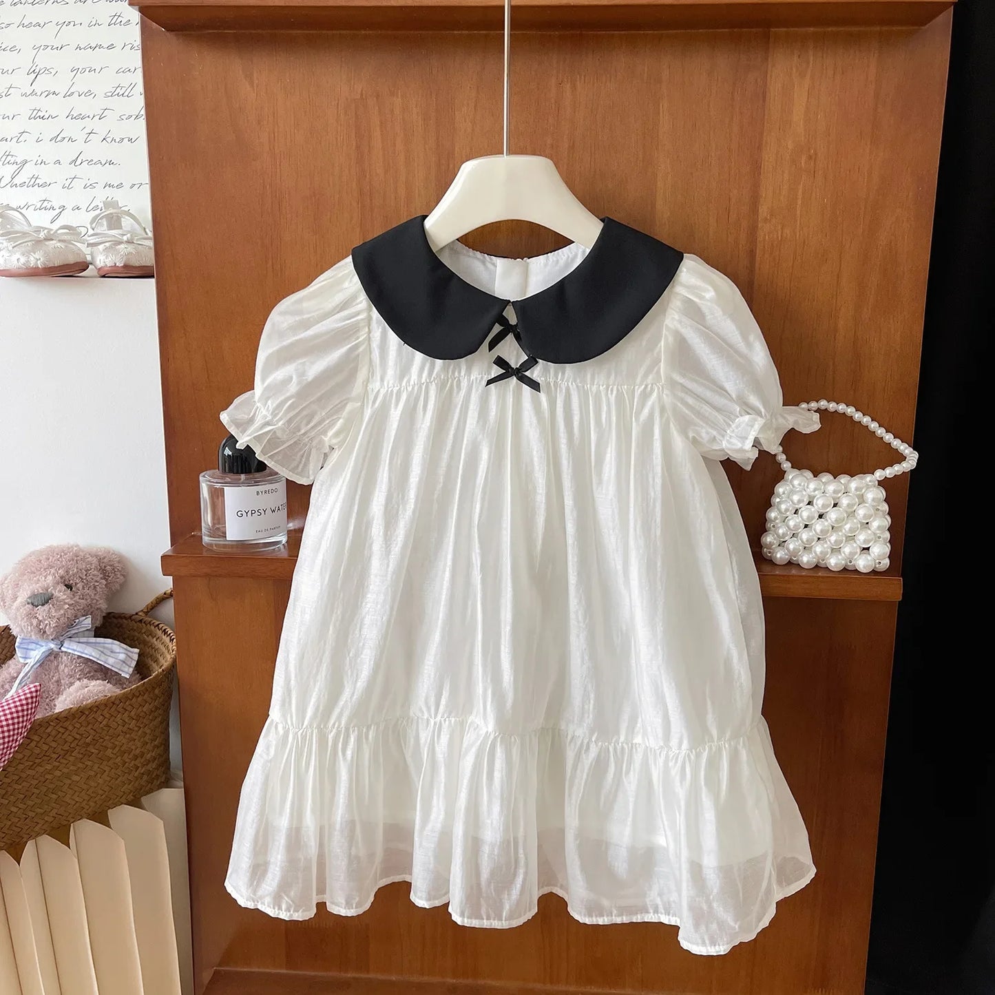 MQTIME - Summer Korean Children Girl Dress Cotton Patchwork Turn Down Collar Short Sleece Baby Girl Dress Loose Tulle Toddler Girl Dress
