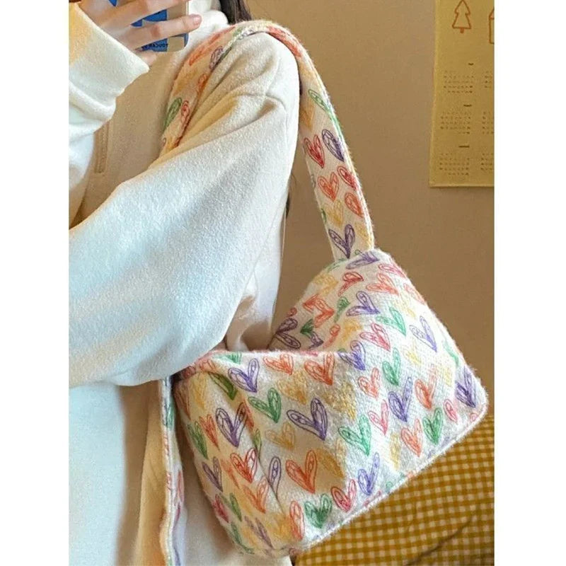 nvxiot Autumn & Winter Rainbow Love Square Bag for Women Cute Colorful Printed Plush Shoulder Bag Fashion Female Casual Crossbody Bags