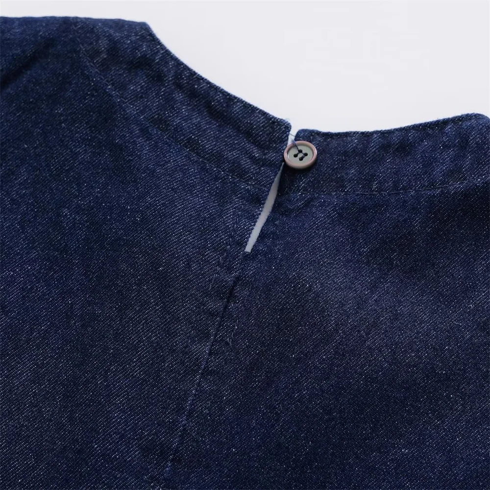 MQTIME - 2024 Summer New Product Women's Style Loose Fit Round Neck Sleeveless Solid Wood Ear Edge Denim Top