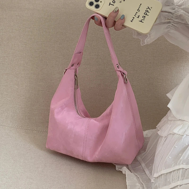 nvxiot - Elegant Pink Shoulder Bag for Women Luxury Designer Soft Fashion Handbag Exquisite Literary Solid Color Female Armpit Bag