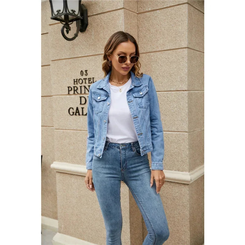 MQTIME - 2024 New Women Short Denim Jackets Fashion Female Casual Long Sleeve Lapel Solid Button Pocket Slim Jean Jacket Fall Winter Coat