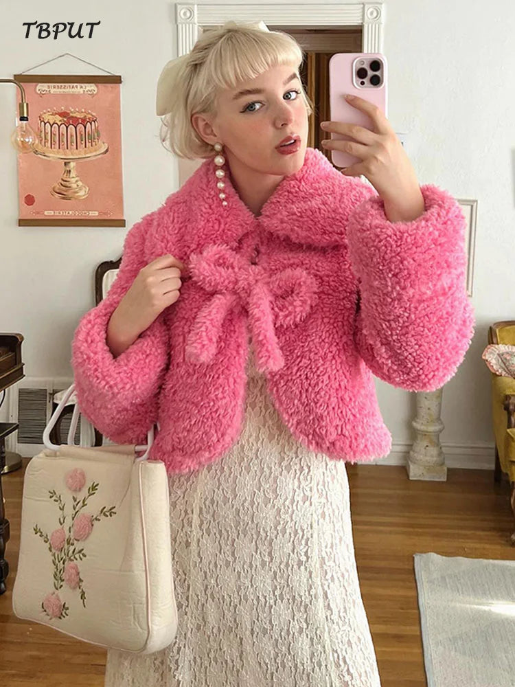 nvxiot - Elegant Solid Bow Plush Jacket For Women Casual Lapel Long Sleeve Loose Warm Coat Female Winter Fashion Office Lady Overcoats