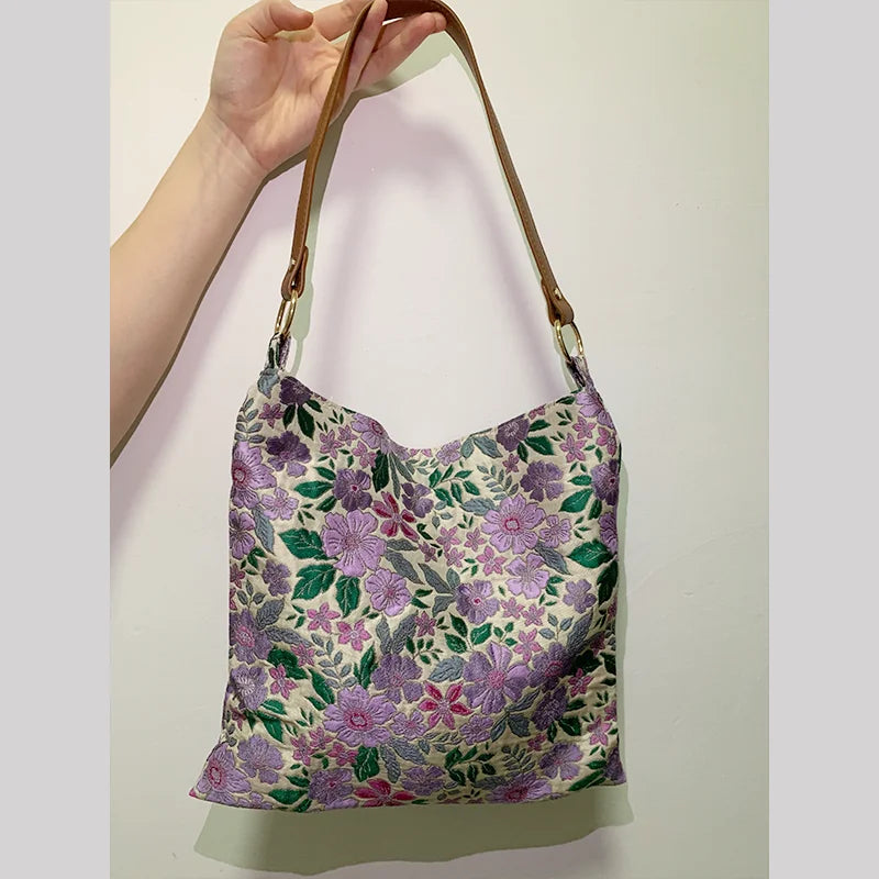 nvxiot - Shoulder Bags Soft Purple Literary Vintage Minority Design Office Lady Solid Color Tote Belt Chain Floral Printed Zipper Square