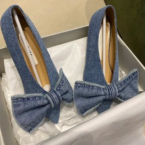 nvxiot - New Designer Blue jeans bow flat shoes woman cloth patchwork flats sewing Pointed large bow denim loafers for women