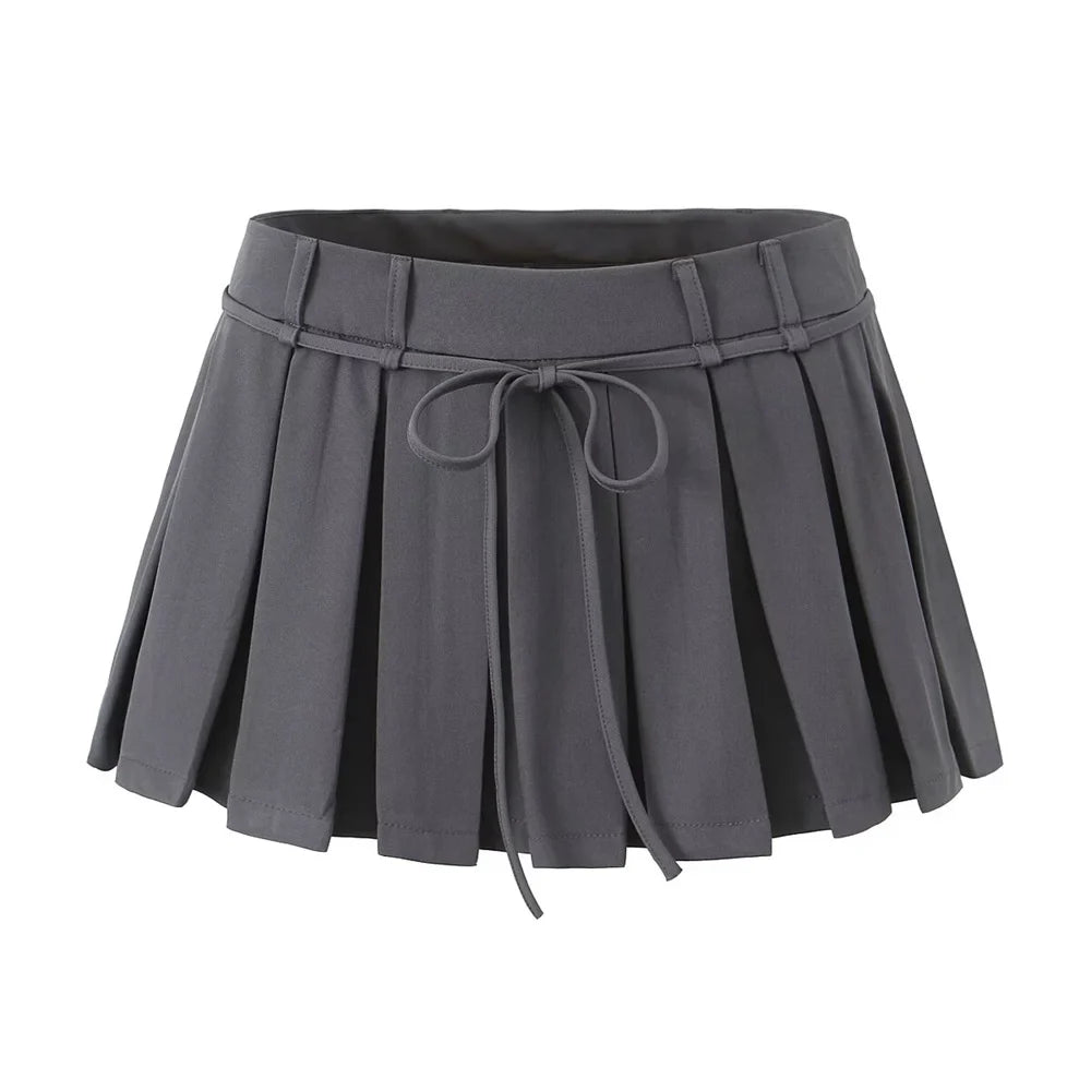 MQTIME - 2024 Summer New Product Women's Retro Strap Design Solid A-line Mid Waist Pleated Half skirt
