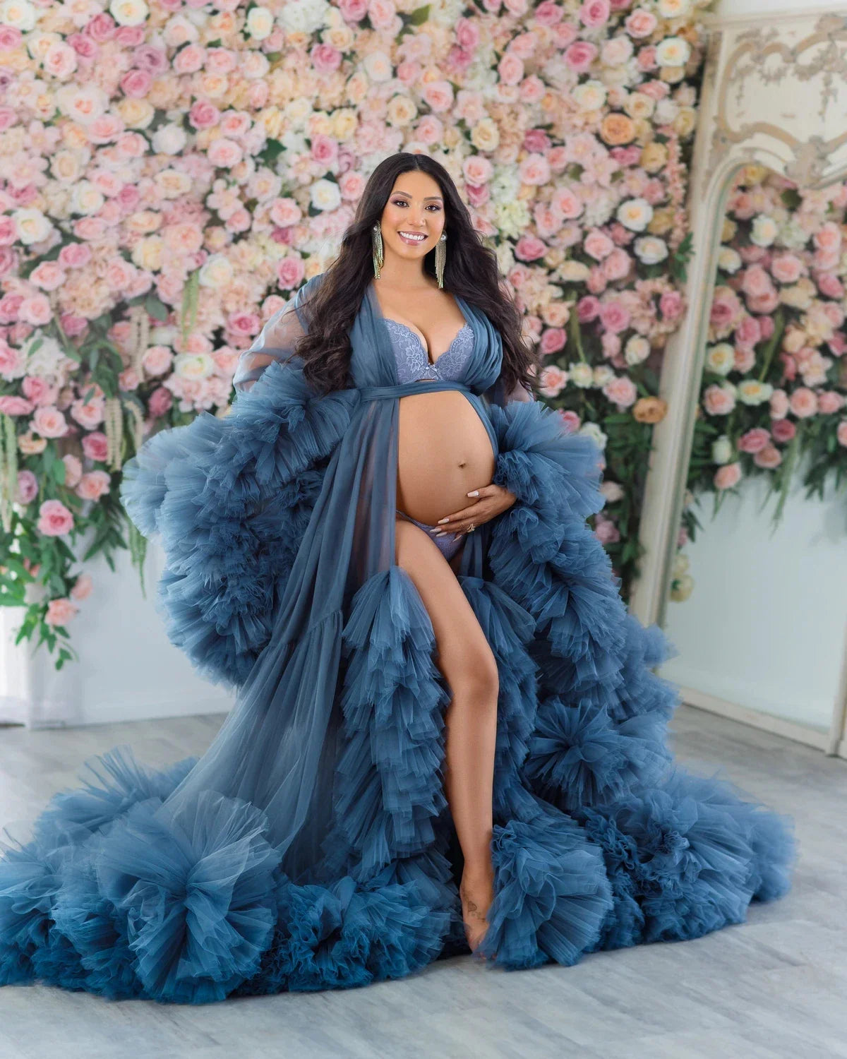 nvxiot - Navy Blue Ruffle Tulle Maternity Robes Photography Dresses See Thru Puffy Tulle Women Maternity Dress Photoshoot Babyshower Gown