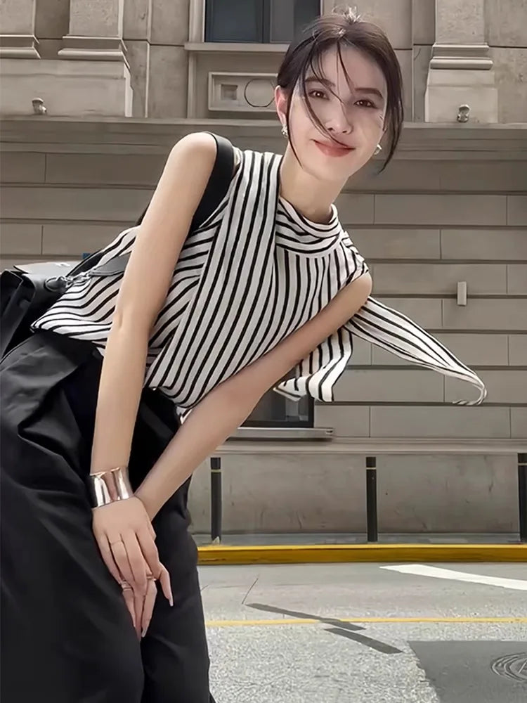 MQTIME - Black White Stripe Tank Tops for Women Sleeveless Bow Lace Up Collar Crop Top Office Lady Elegant Chic Clothing Summer