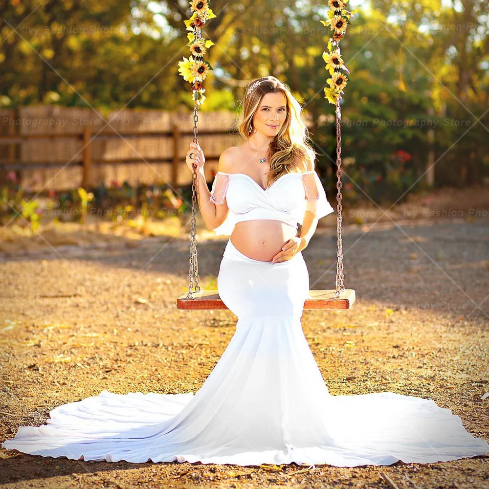 nvxiot - Maternity Photography Gown Two Piece Stretch Cotton Oversized Floor Sweeping Skirt Photo Shoot Dress For Pregnant Women