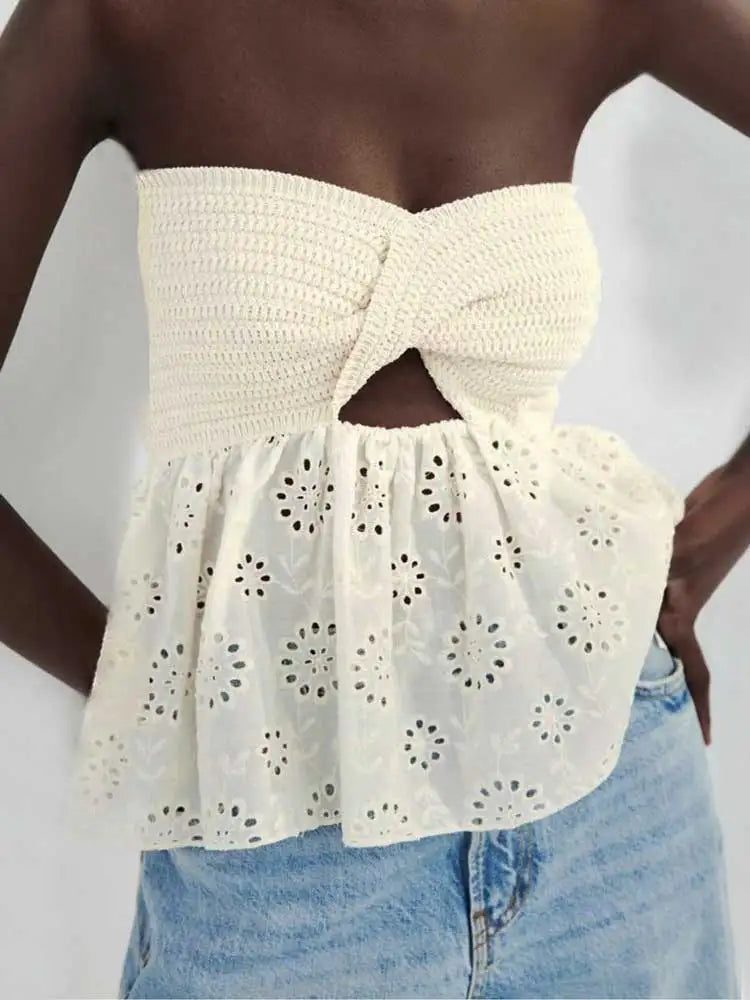 MQTIME - White Tube Top Knit Twist Crop Top Women Elegant Lace Mesh Strapless Corset Top Korean Sexy Streetwear Cute Chiffon Blouse