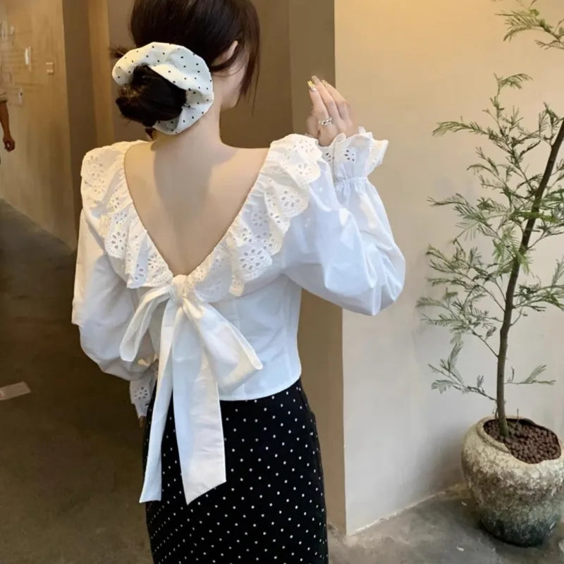 nvxiot - French Style Backless Long Sleeved Shirt for Women Summer Bow Short Blouse Elegant White Ruffled Top Blusas Femininas Elegantes