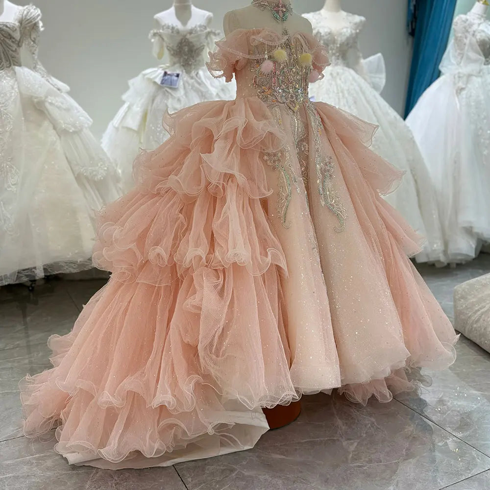 MQTIME - Luxury Coral Girl Dress Beaded Crystal Kids Princess Birthday Wedding Party Children Holiday Communion Gown 2024 J080