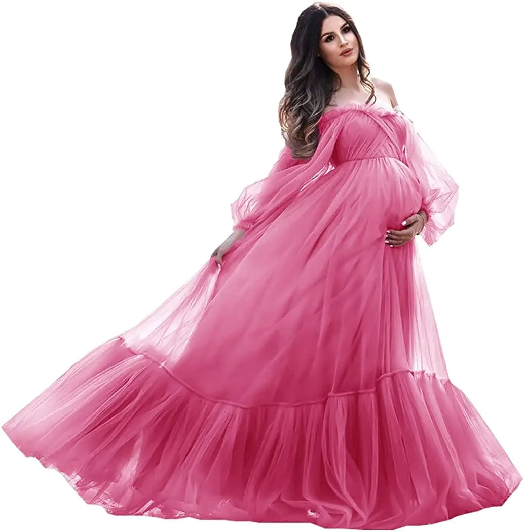 nvxiot - Puffy Sleeve Maternity Dress Tulle Robe With Underskirt for Photoshoot Off Shoulder Pregnancy Baby Shower Gown