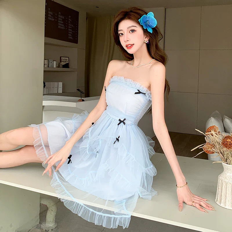 nvxiot - Cute Sweet Sleeveless Cake Dress for Women Summer 2024 Strapless Slim Mesh Bow Elegant Chic Party Birthday Dresses Korean