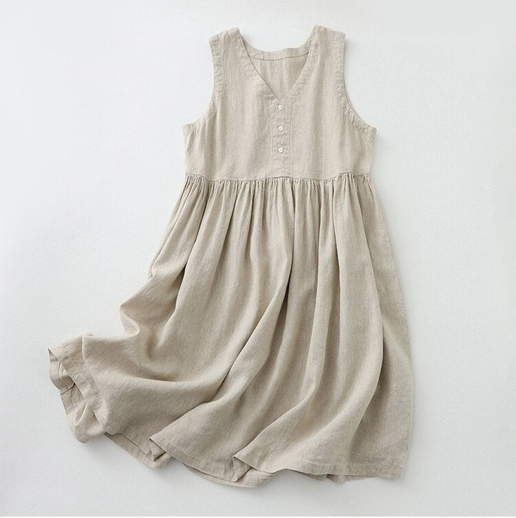 nvxiot V-Neck Vest Dress Japanese Style Loose Solid Cotton Linen Summer Dresses Sleeveless Women A-Line Vestidos Button U225
