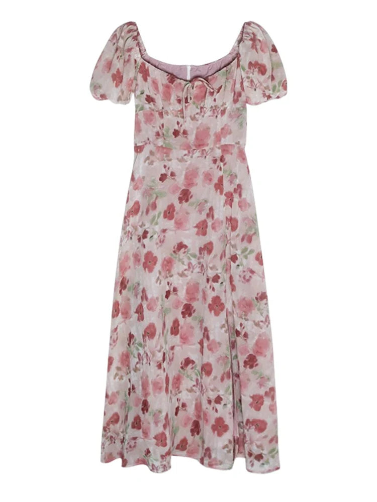 MQTIME - Tea break French rose floral dress for women's 2024 summer new high-end temperament bubble sleeve vacation long dress