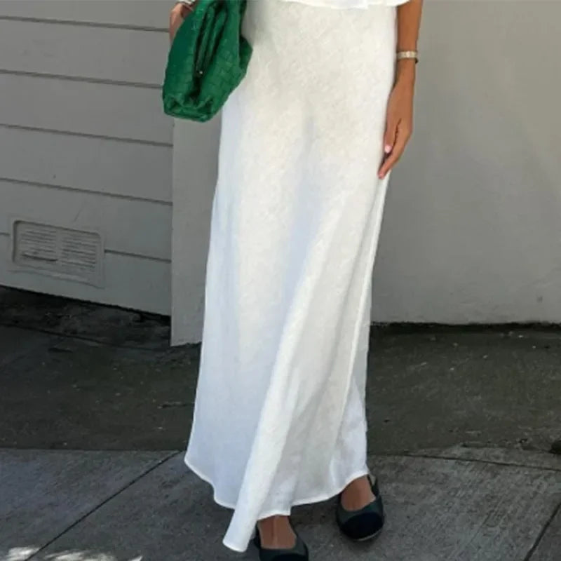 MQTIME - Pleated White Lace Up Tank Top Long Skirt Suit Women Elegant O-neck Sleeveless Tops Skirts 2 Pieces 2024 Summer Lady Streetwear