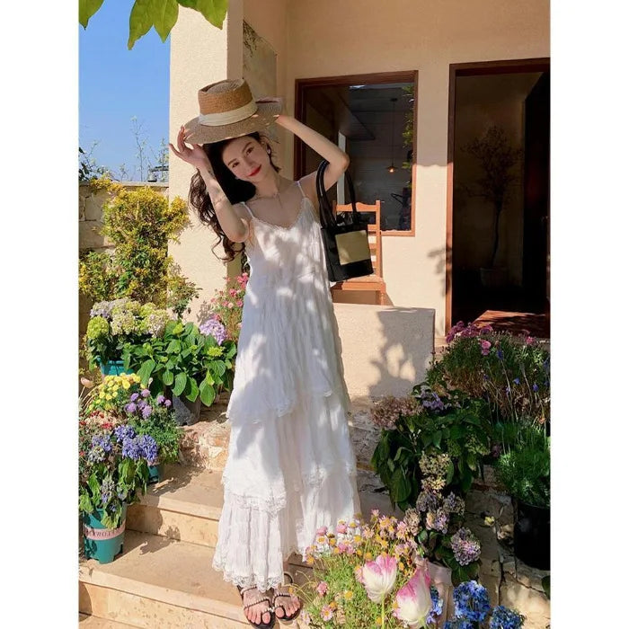 MQTIME - Fairy White Dress Seaside Vacation Beach Dress Premium French Long Halter Summer Loose Dress