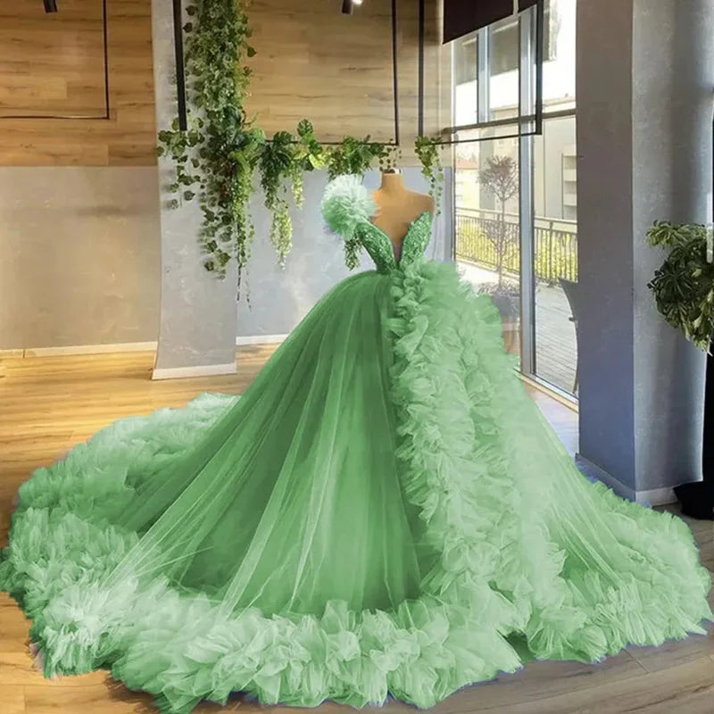 nvxiot - Ruffles Women Tulle Formal Party Gowns V Neck Long Evening Dresses 2024 Puffy Ball Gown Maternity Photo Dress
