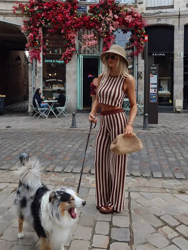 MQTIME - Fashion Striped Printed Sleeveless Women Tops Suits Casual O Neck Straight Pants Sets 2024 New Chic Female Office Outfits