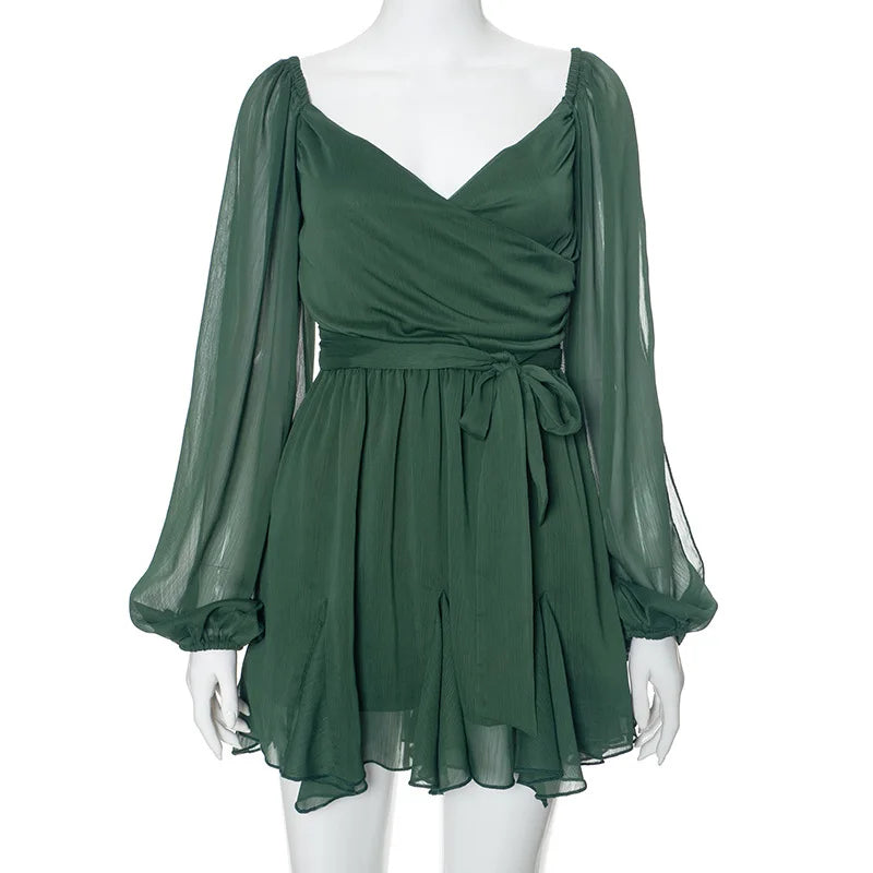 MQTIME - Women Sexy Chiffon Mini Dress V-neck Split Lantern Sleeve Lace Up Backless Fit Flare Summer Holiday Beach Outfits Casual Vestido