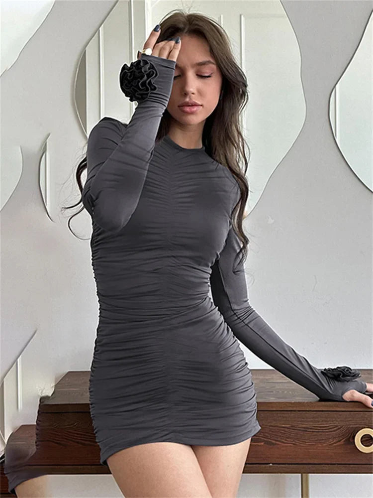 nvxiot - Floral Slim Pleated Mini Dress Women's Long Sleeve High Waist Solid Casual Sexy Y2k Dress Female Autumn Clothes Mini Dress