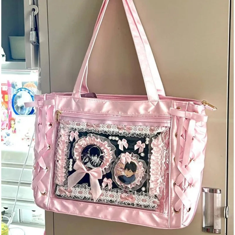 MQTIME - Sweet Lolita Pink Ita Bag Women Japanese Transparent Large Capacity Tote Bag Ladies Harajuku Kawaii Handbag Aesthetic