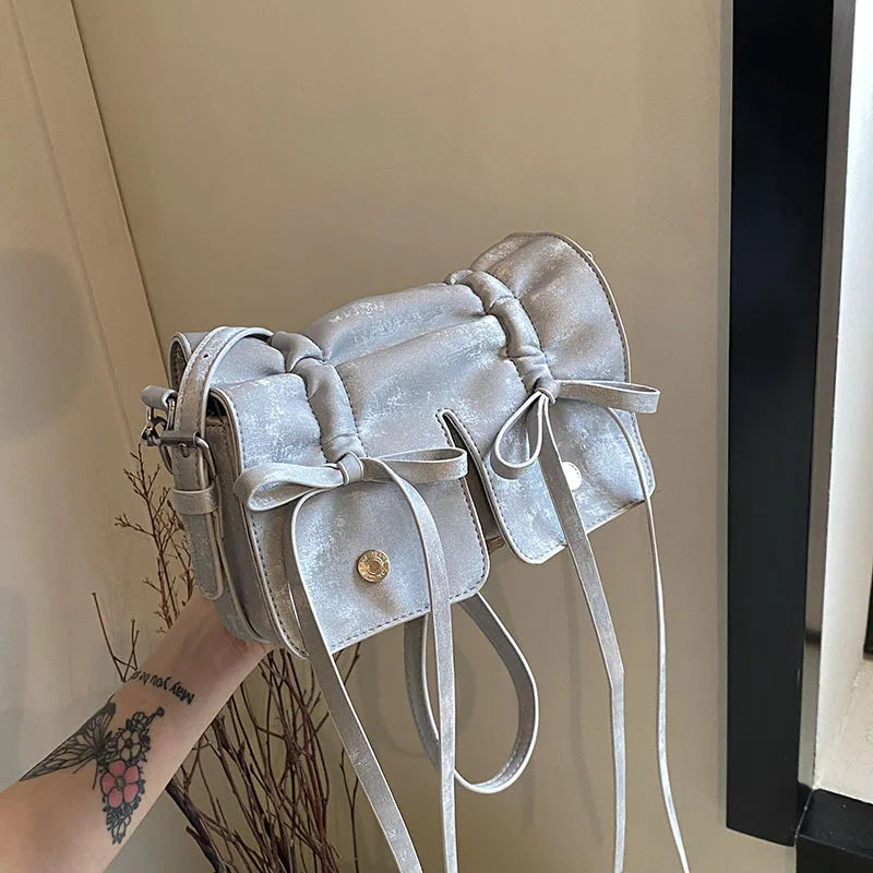 nvxiot - 2024 Korean Fashion Fold Bow Handbags Small Square Shoulder Bags For Women Black White Pink Silver Trendy Daily Shopping HandBag