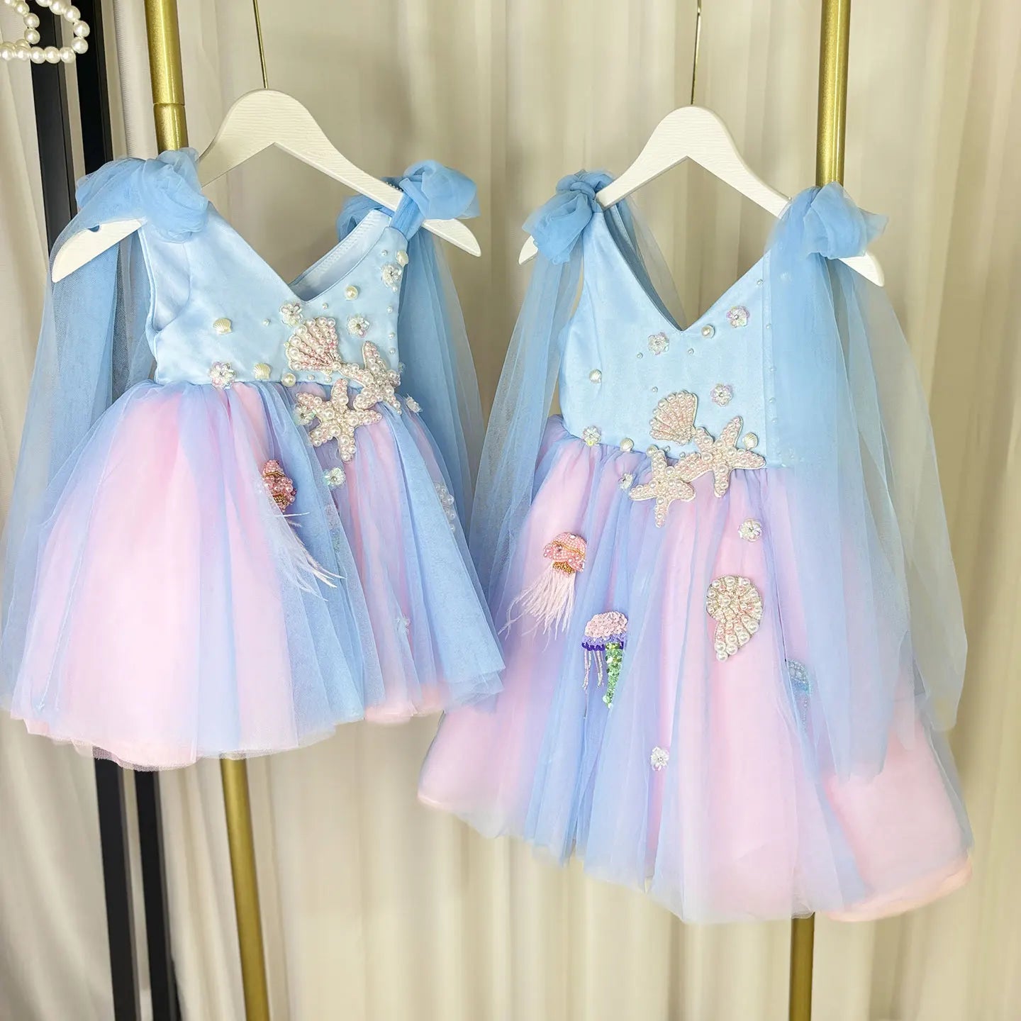 MQTIME - Luxury Sky Blue Baby Flower Girl Dresses Beaded Arab Pearls Princess Kids Gown for Birthday Wedding Evening Party J072