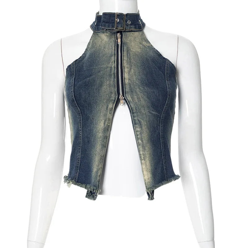 nvxiot - Women Fashion Vintage Denim Tank Crop Tops Front Zipper Split Belt Halter Backless Tassel Jeans Vests Casual Y2k Streetwear
