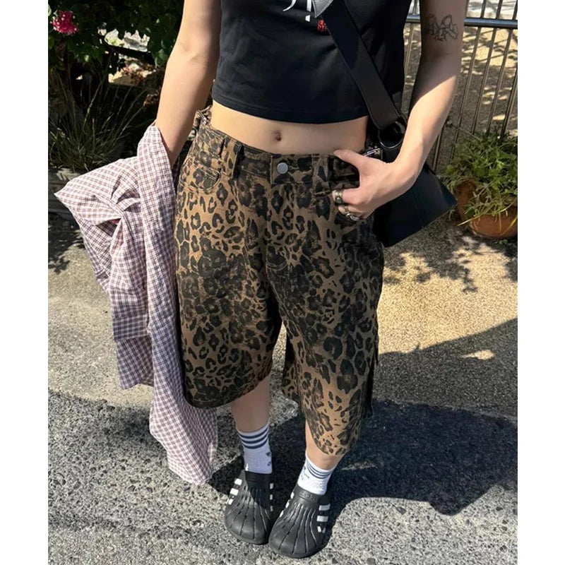 nvxiot - Women's Shorts Jeans Leopard Print High Waist Straight Pants Streetwear Cargo Y2K Vintage Female Wide Leg Denim Shorts Pants