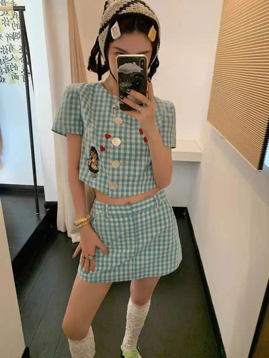 MQTIME - Summer Sweet Skirts Set Blue and White Plaid Embroidered Short Sleeve Top High Waist Short Skirt Two Piece Set Women Outfits