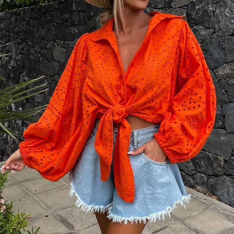 nvxiot - Casual Turn-down Collar Lace Up Solid Color Top Women Fashion Lantern Sleeves Beach Blouses Summer Hollow Lace Embroidered Shirt