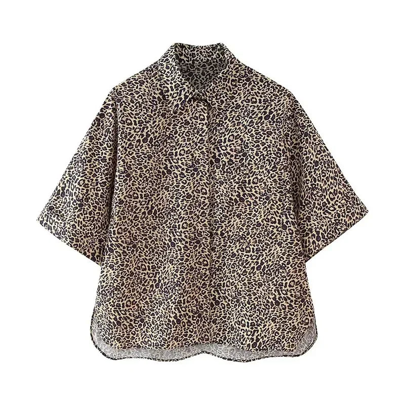 MQTIME - Leopard Print Shirts Shorts Sets Women 2024 Summer Single Breasted Lapel Short Sleeve Shirt Wide Leg Drawstring Shorts Outfits