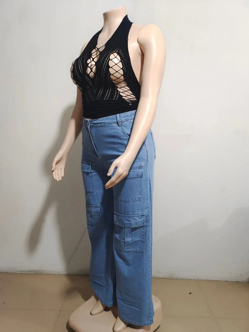 nvxiot - Streetwear Fashion Cargo Jeans Wide Leg Pants Women Multi Pockets High Waist Button Fly Loose Casual Denim Trousers Bottoms
