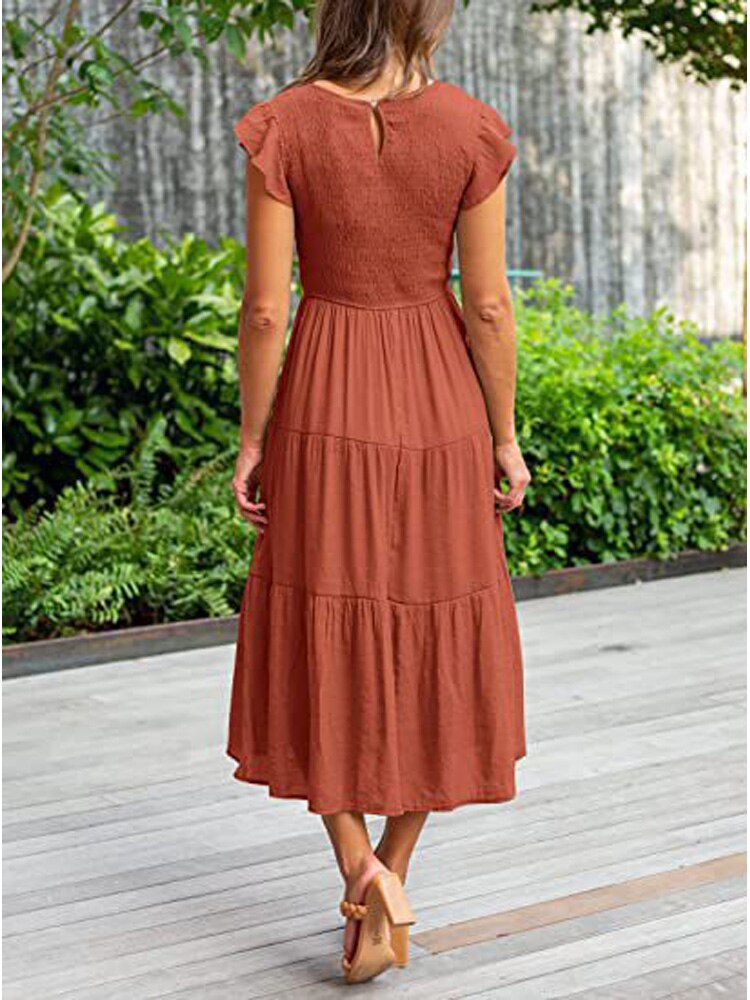 nvxiot New Maxi Dresses for Women Leisure Fashion Summer Elegant Chic Ruffle Sleeve Shirred Party Vacation Prom Dress Female Clothing
