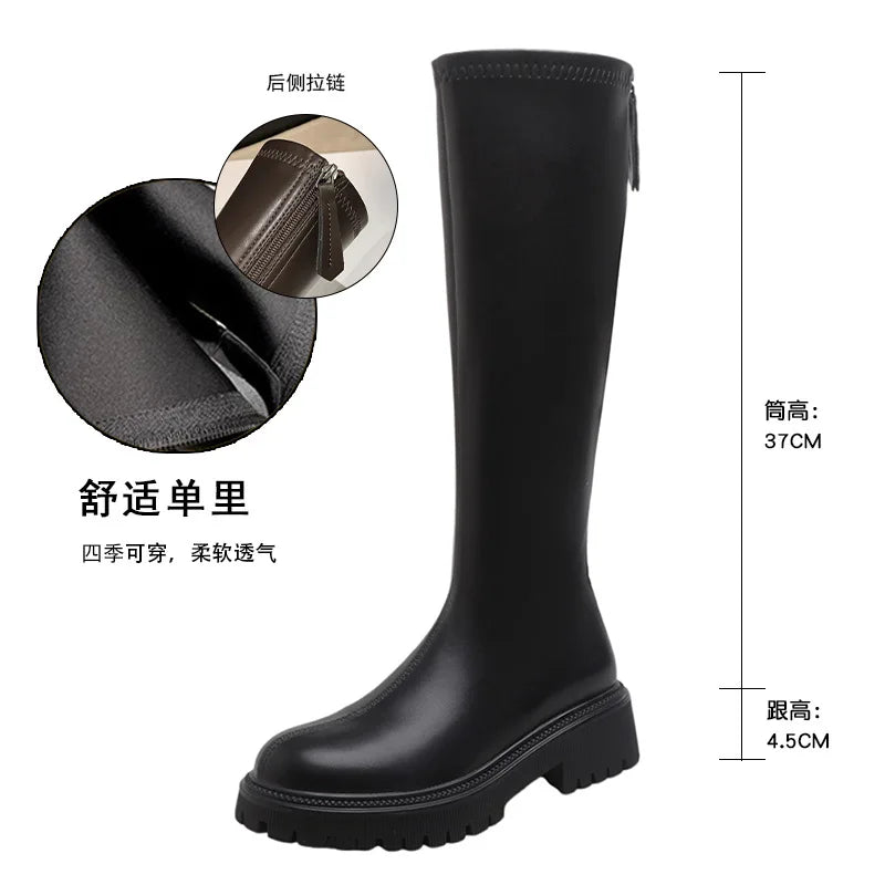 nvxiot - Women's Long Boots Autumn/Winter Thick Sole Round Toe Fashion Versatile Inner Heightening British Brown Knight Boots Women