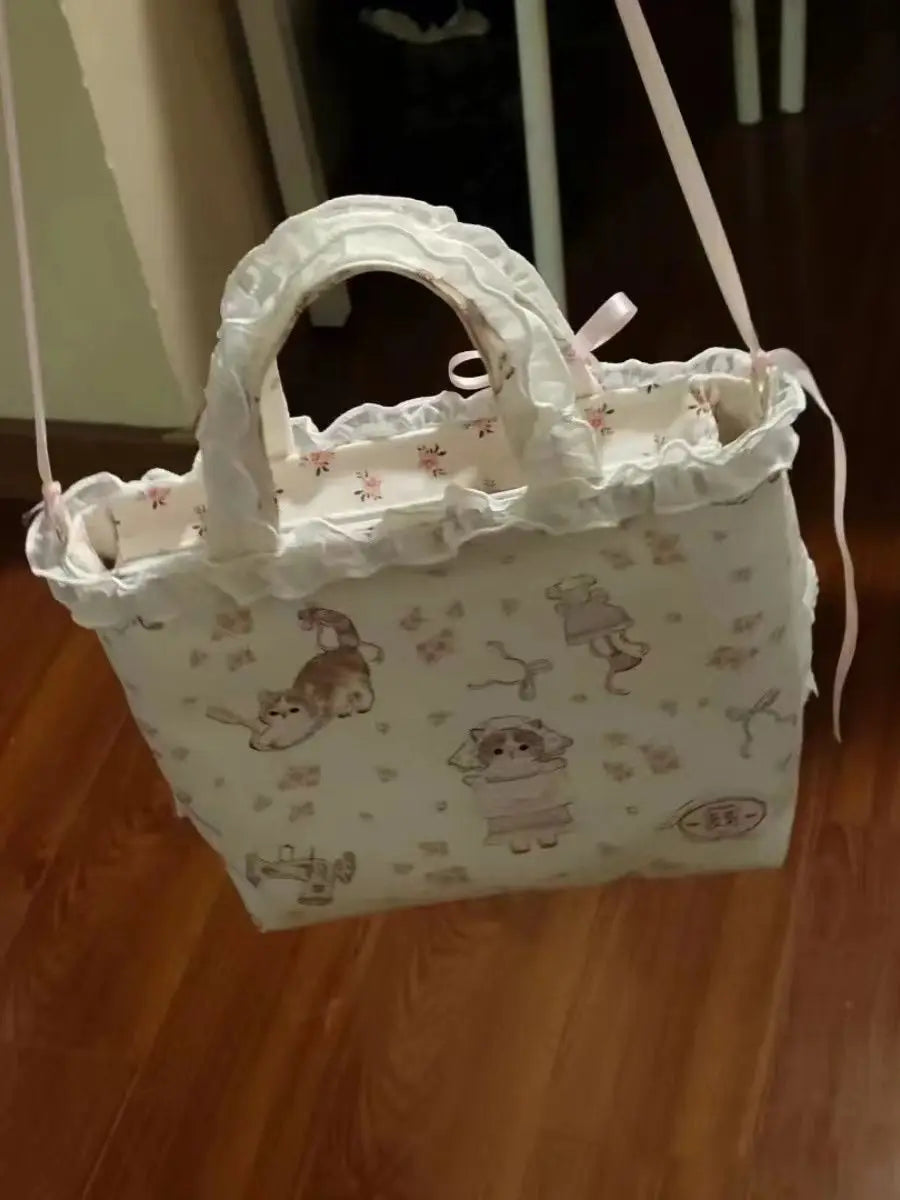 nvxiot - Sweet Lace Y2k Hand Bag Women Hot Girls Bow Cute Canvas Bucket Bag Female Harajuku Fairycore Messenger Bag Bolso Mujer