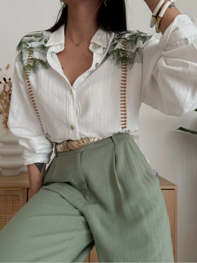 MQTIME - Casual Green Print Shirts Set Women Loose Single Breasted Blouses Pleated Drawstring Wide Leg Pants 2024 Summer Lady Outfit