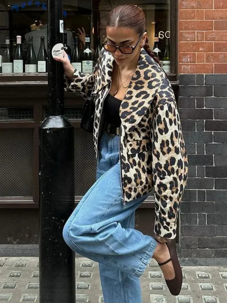 MQTIME - Women Casual Leopard Print Bomber Jacket Elegant Lapel Long Sleeves Zipper Pockets Loose Coat 2024 Autumn Lady High Streetwewar