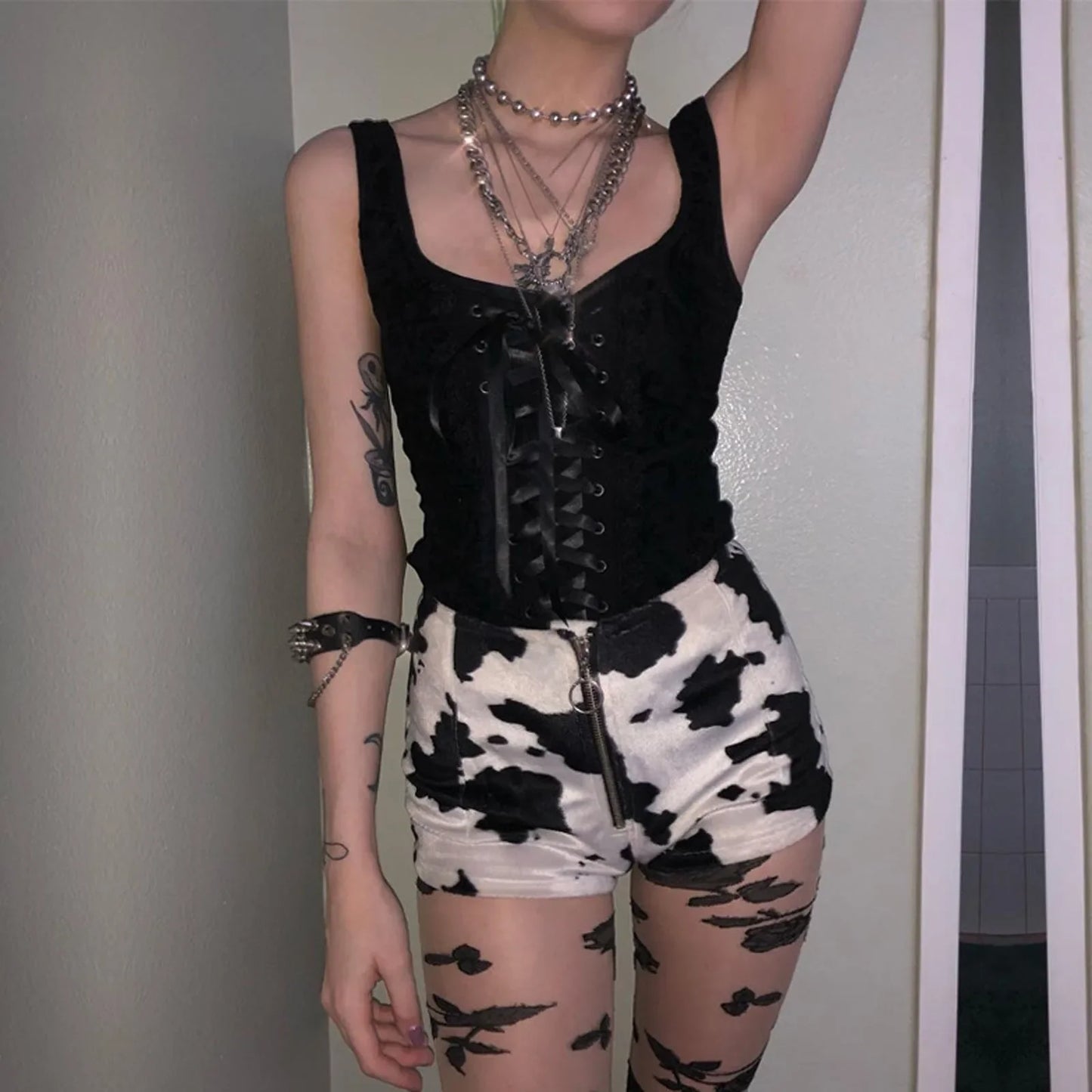 MQTIME - Halloween Gothic Women Crop Top Skeleton Printed Black Corset Tops Sexy Aesthetic Grunge Fairy Core 90s Camisole Clothes