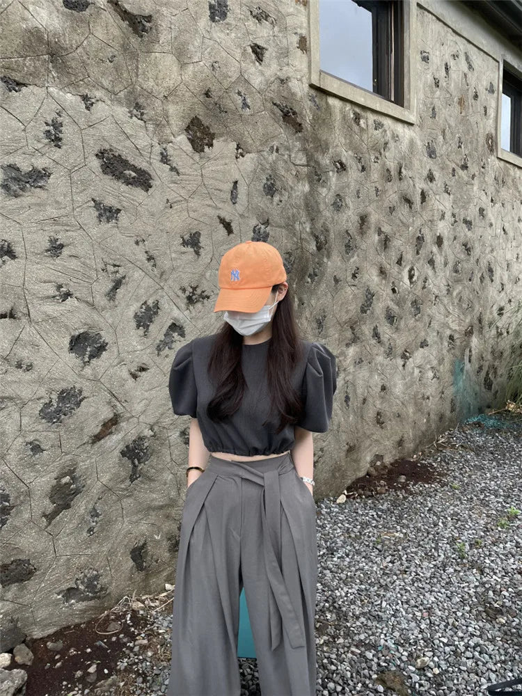 nvxiot - Fashion Women Wide Leg Pants Korea Chic High Waist Loose Mopping Suit Pants Elegant Lady Pleated Belt Strap Black Loose Trousers