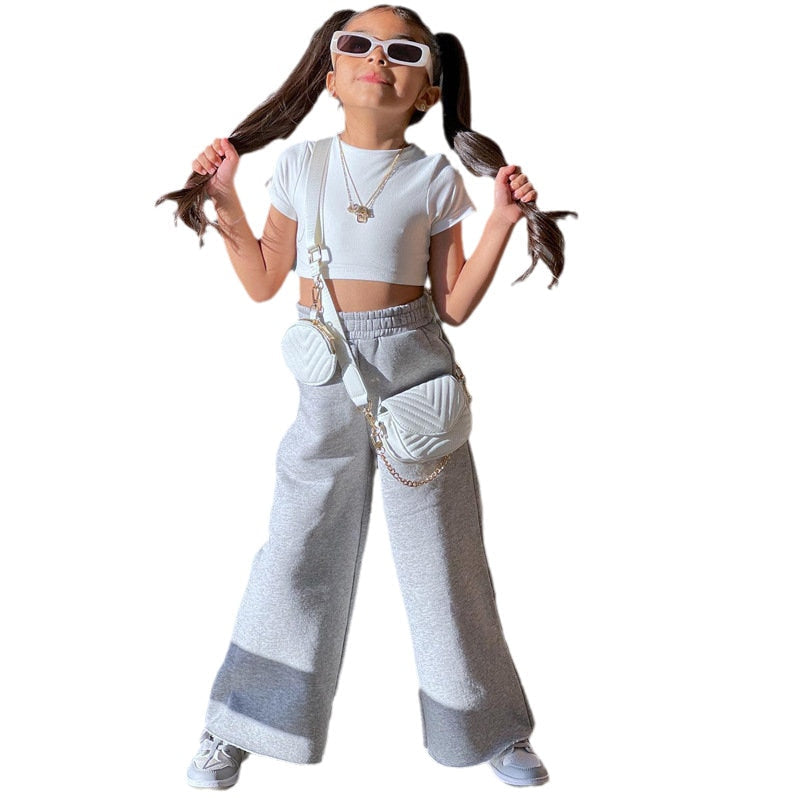 nvxiot Child Girl 2pcs/set Short Sleeve White Crop Tops+High Waist Sport Pants Clothing Suits Baby Kids Girl Fashion Outfits Children's
