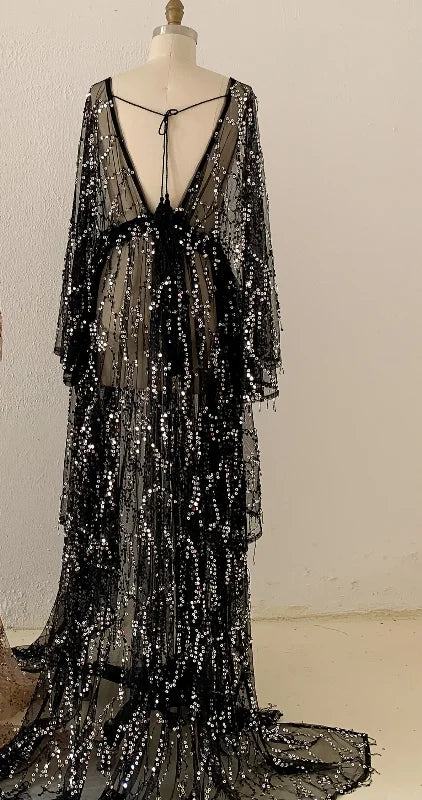 nvxiot - Sexy Sequin Maternity Photography Long Dress Lace Perspective Pregnancy Dress Photo Shoot Gown Baby Shower Dress