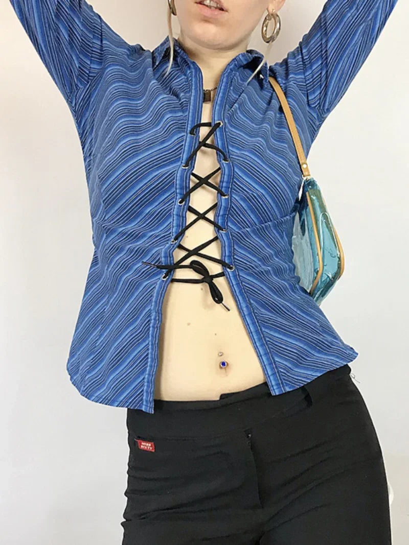 MQTIME - 90s Aesthetics Striped Printing Tie Up Top Y2K Fashion Turn-down Collar Long Sleeve Shirts Vintage Bandage T-shirts Sexy 2024