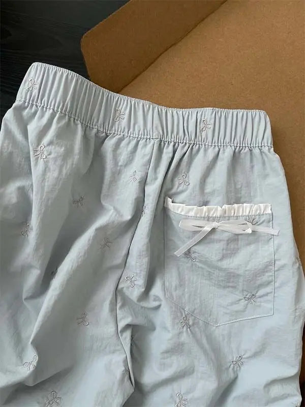 MQTIME - Embroidered Bow Elastic Waistband Straight Leg Light Blue Women's Pants 2024 #korean woman cloth summer y2k e-girl fairycore 00s