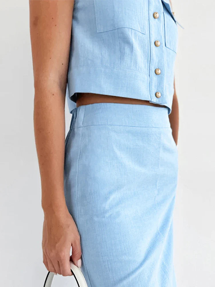 MQTIME - Elegant Two-piece Skirt Suit Women Casual Single Breasted Tops Elastic Waist Midi Skirt 2024 Summer Office Lady Slim Fit Outfits