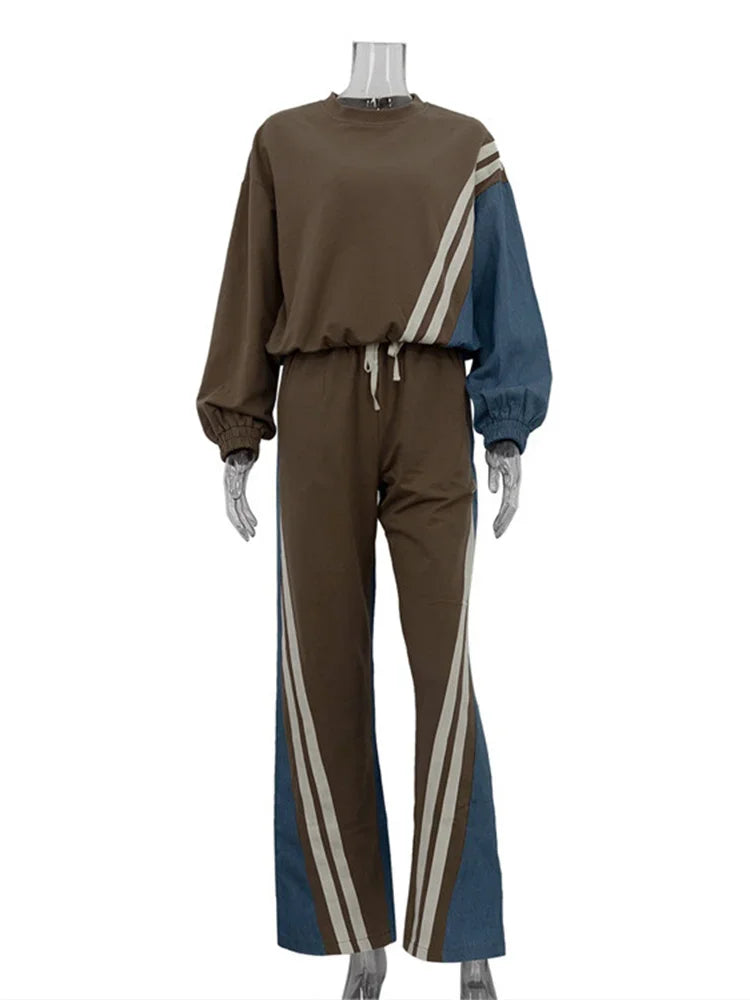 nvxiot - Fall Outfits 2024 Ladies 2 Piece-Set Drawstring Trousers Contrast Lace-Up Autumn 2024 Pullover And High Waist Women Pants Outfits Tracksuit