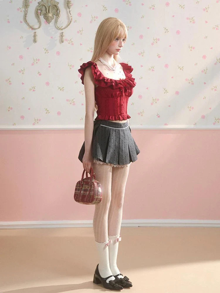 MQTIME - Red Flying Sleeve T-shirts for Women Ruffled Off Shoulder Crop Top Korean Style Summer Fashion Y2k Bodycon Slim Clothes
